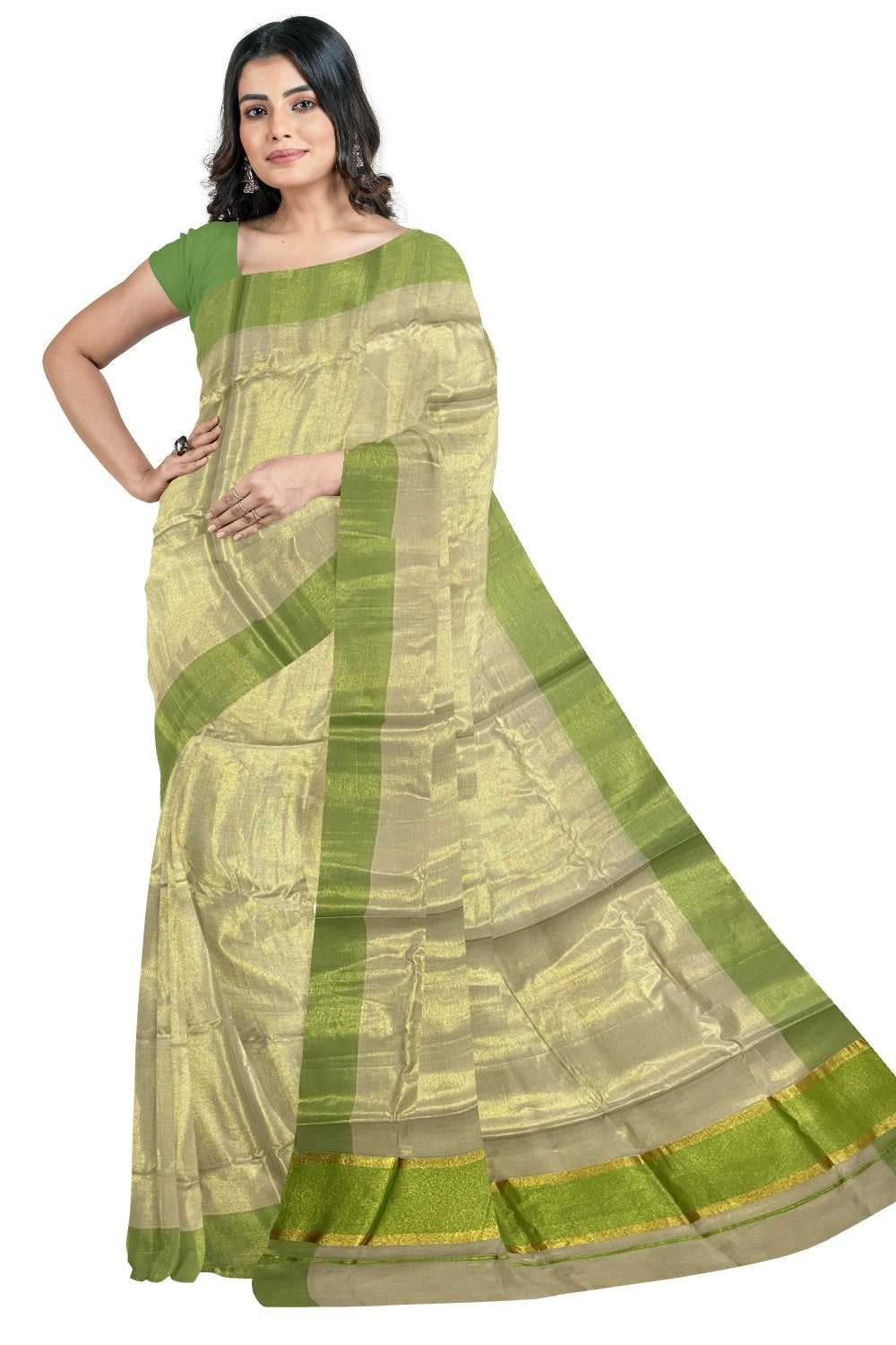 Kerala Tissue Kasavu Plain Saree with Green and Kasavu Border