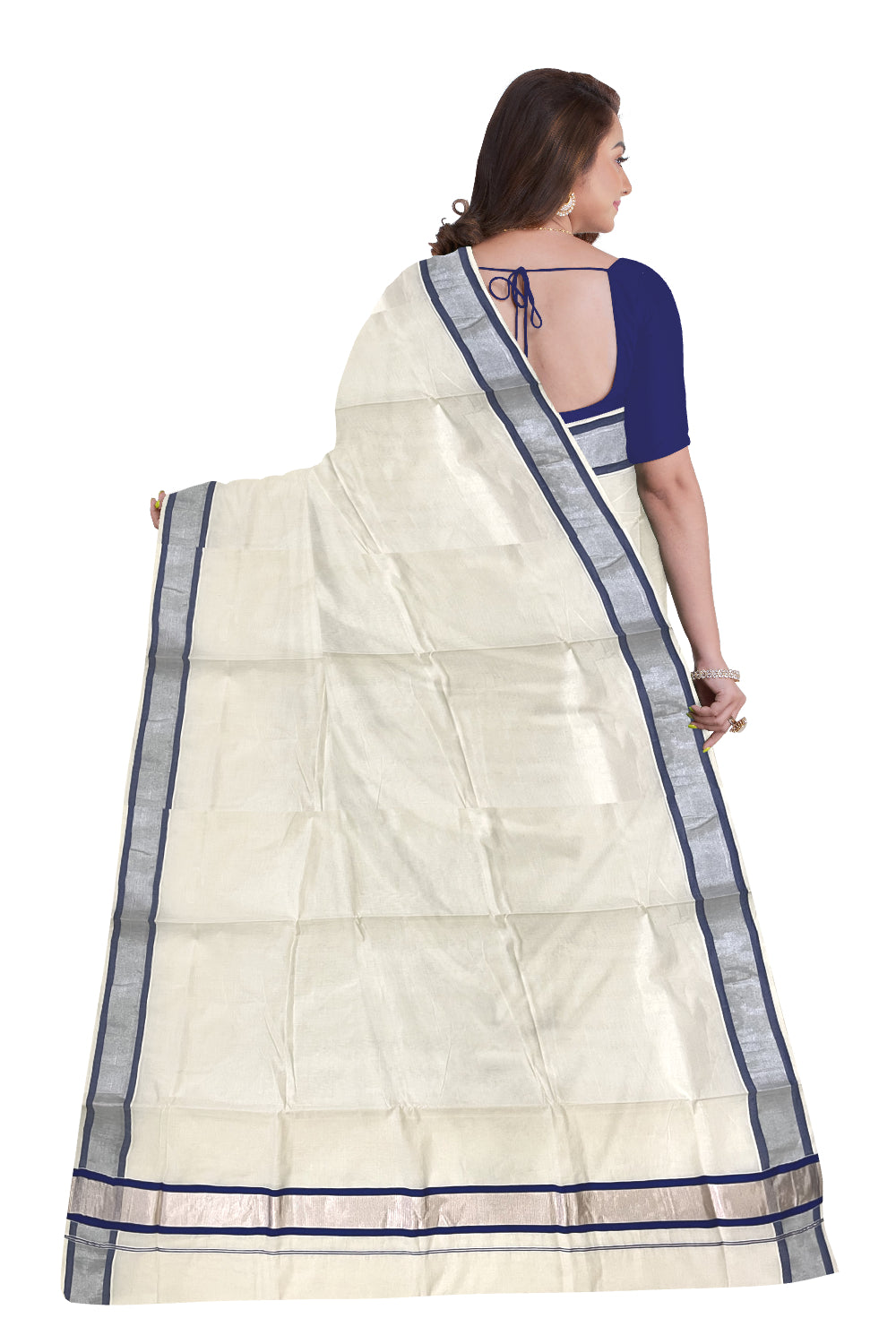 Pure Cotton Kerala Saree with Silver Kasavu and Blue Border