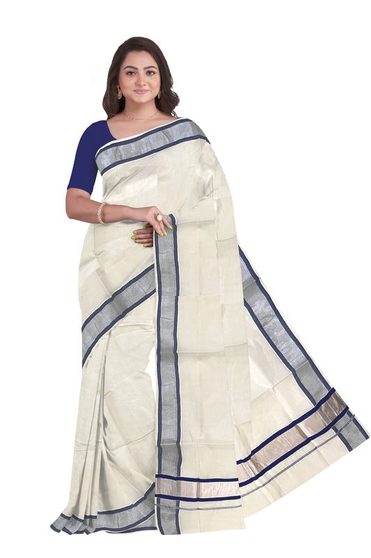 Pure Cotton Kerala Saree with Silver Kasavu and Blue Border