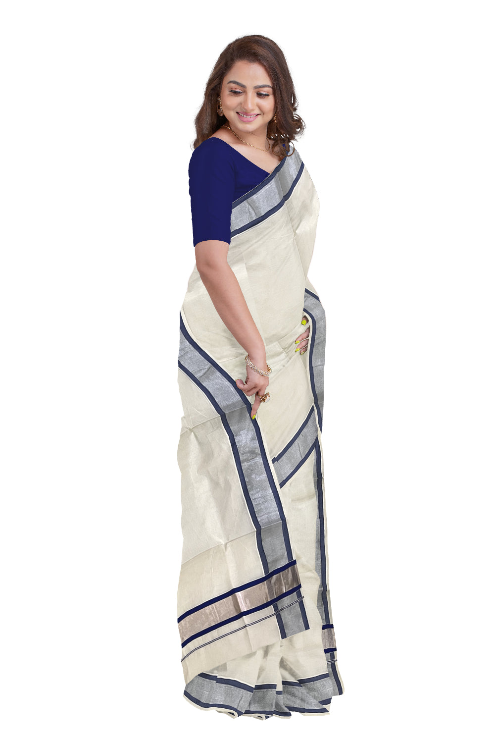 Pure Cotton Kerala Saree with Silver Kasavu and Blue Border