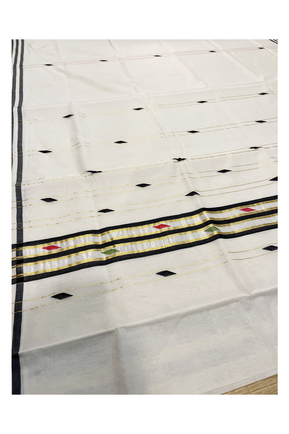 Southloom Premium Balaramapuram Unakkupaavu Handloom Cotton Butta Saree with Kasavu Lines and Black Border