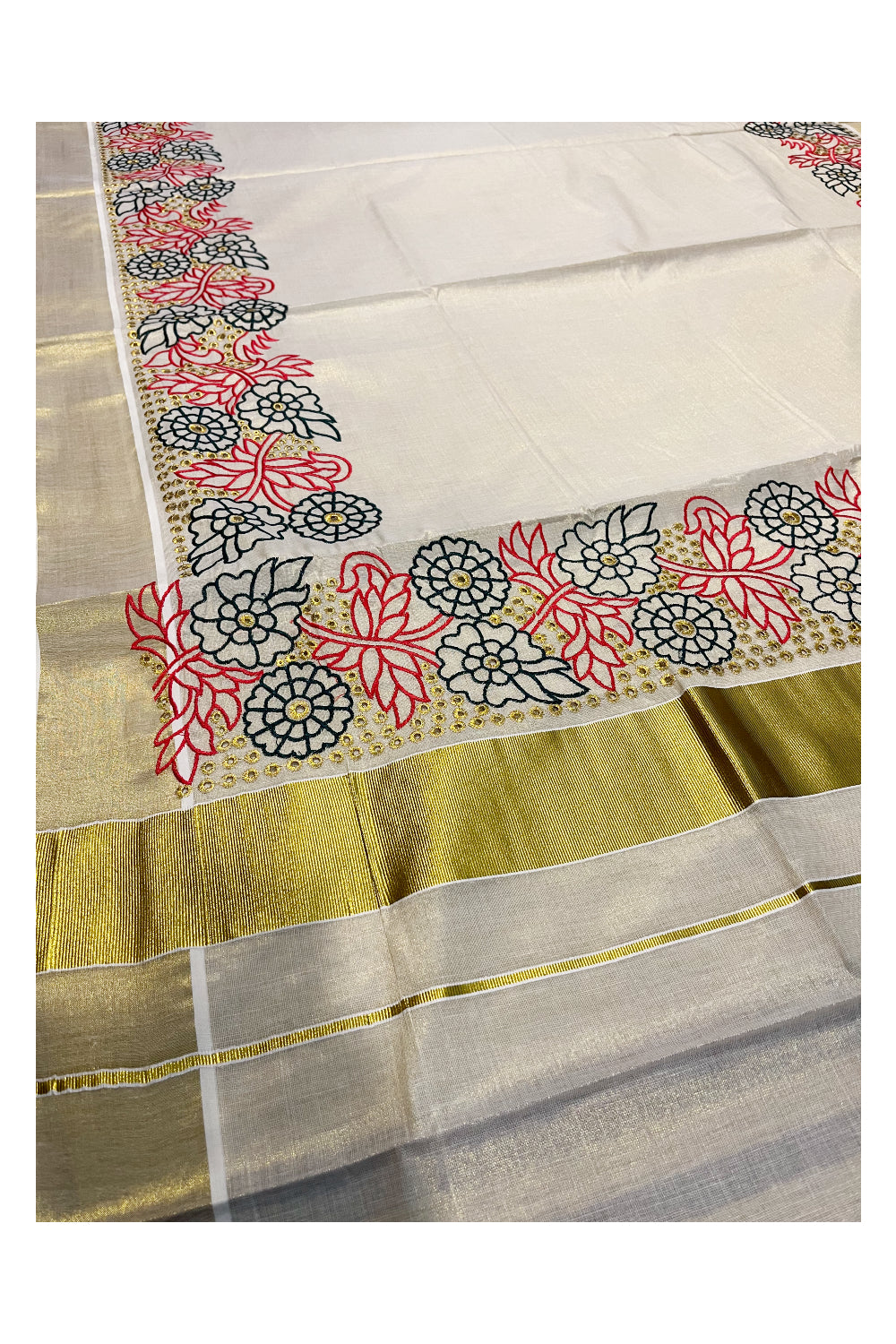 Kerala Tissue Kasavu Saree with Floral Embroidery Works