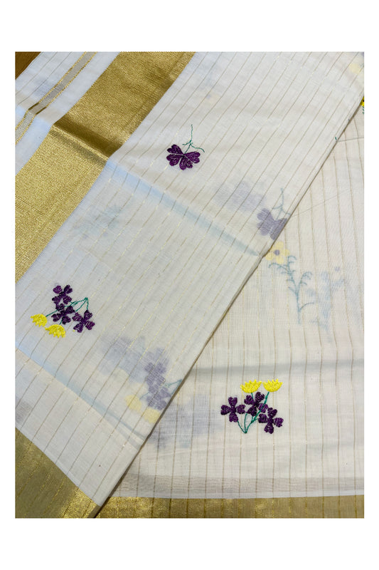 Kerala Cotton Kasavu Lines Saree with Violet and Yellow Floral Embroidery Works On Body