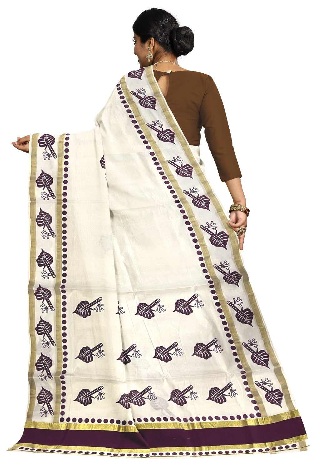 Pure Cotton Kerala Saree with Purple Block Printed Kasavu Border