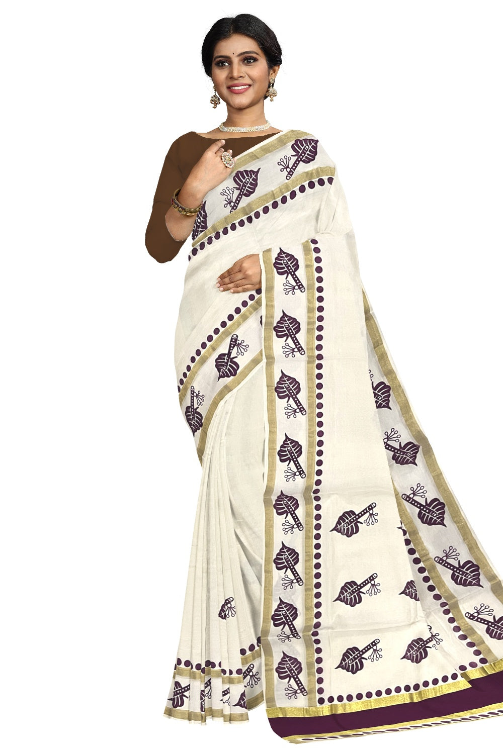 Pure Cotton Kerala Saree with Purple Block Printed Kasavu Border