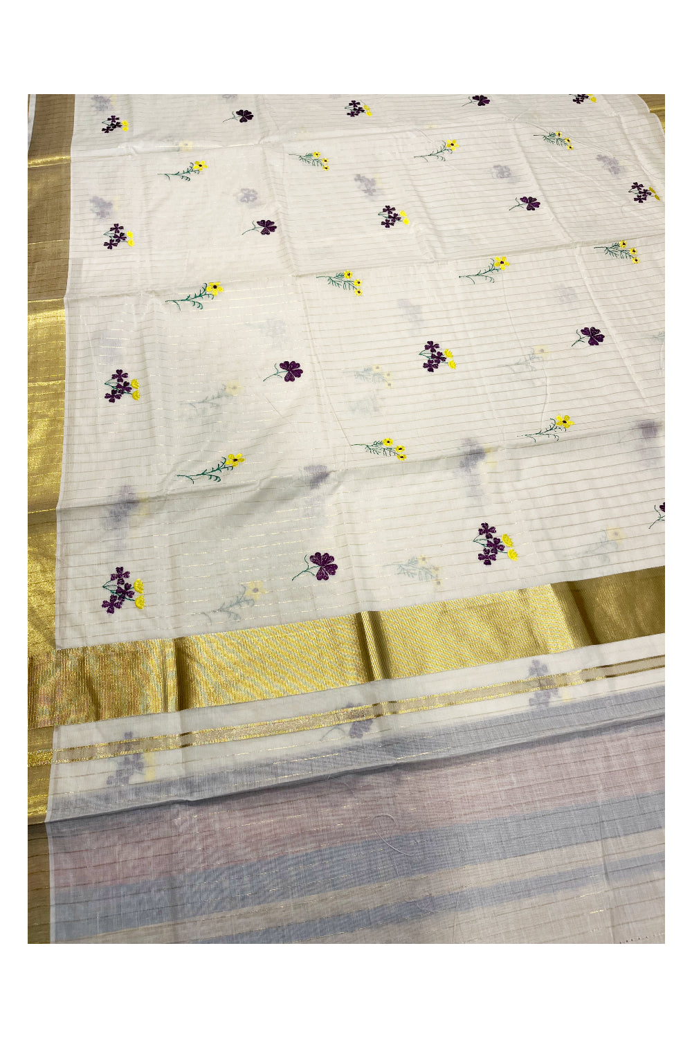 Kerala Cotton Kasavu Lines Saree with Violet and Yellow Floral Embroidery Works On Body