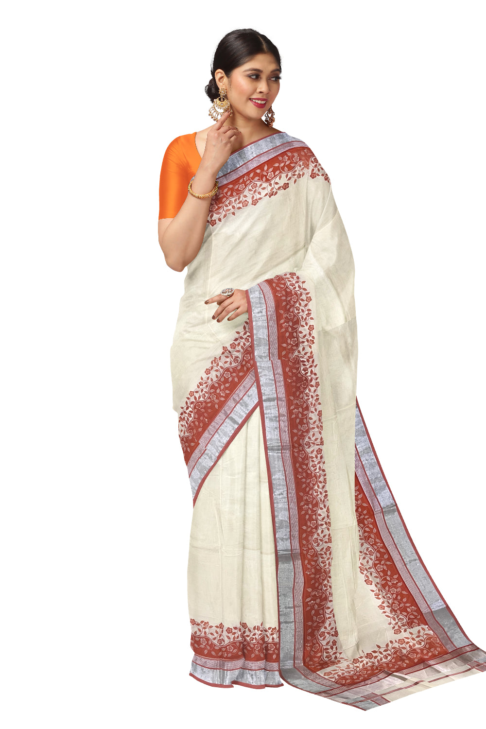 Kerala Cotton Saree with Orange Floral Block Prints and Silver Kasavu Border (Onam Saree 2023)