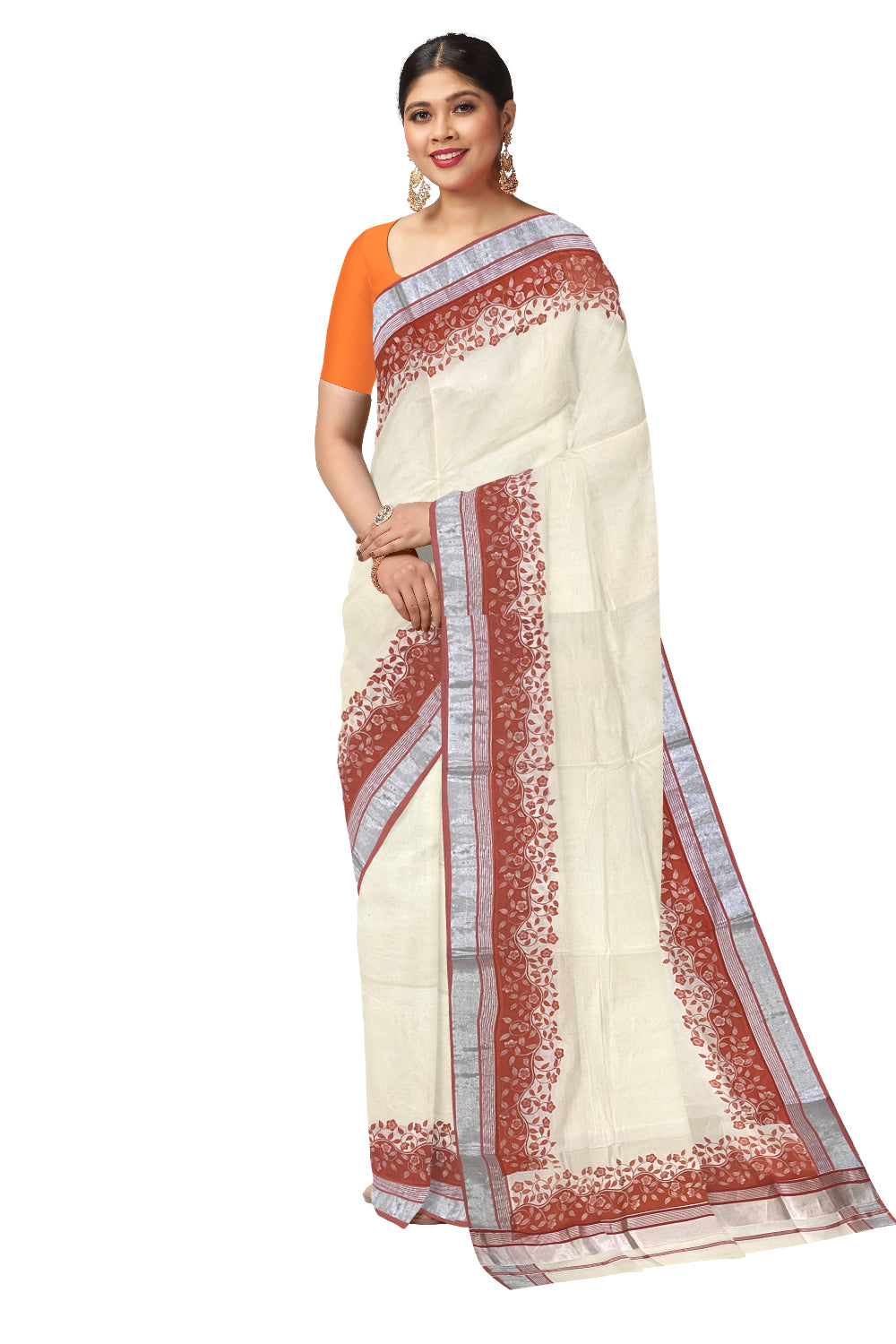 Kerala Cotton Saree with Orange Floral Block Prints and Silver Kasavu Border (Onam Saree 2023)