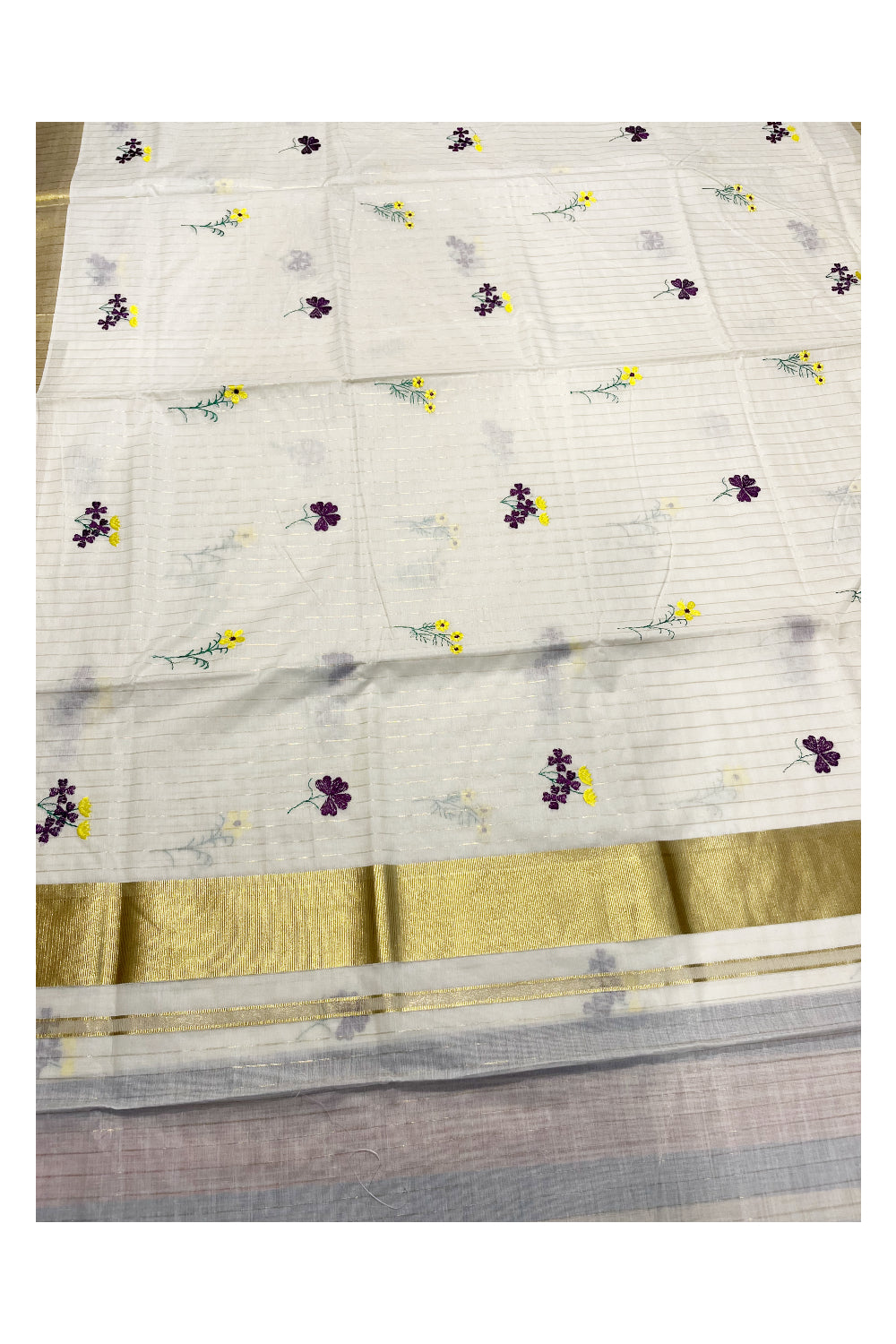 Kerala Cotton Kasavu Lines Saree with Violet and Yellow Floral Embroidery Works On Body