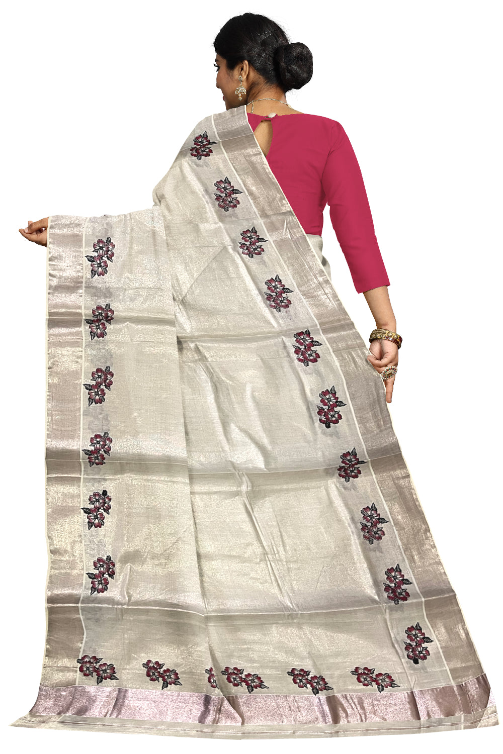 Kerala Rose Copper Tissue Kasavu Saree with Floral Block Prints on Border