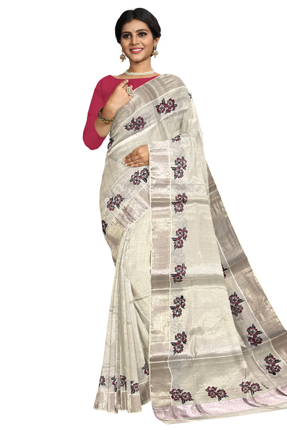 Kerala Rose Copper Tissue Kasavu Saree with Floral Block Prints on Border