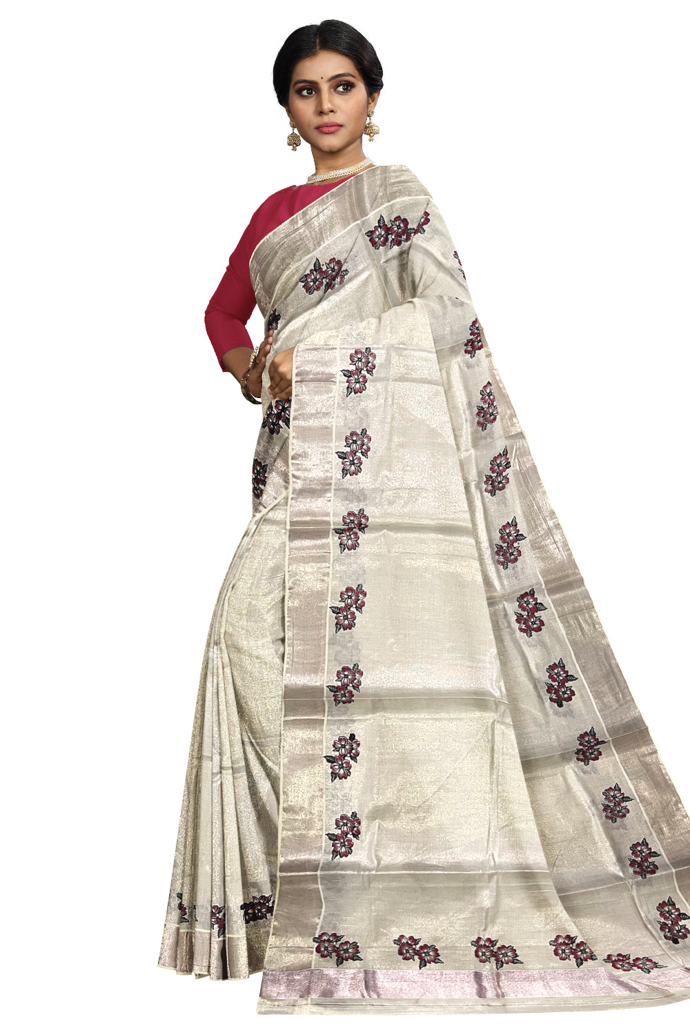 Kerala Rose Copper Tissue Kasavu Saree with Floral Block Prints on Border