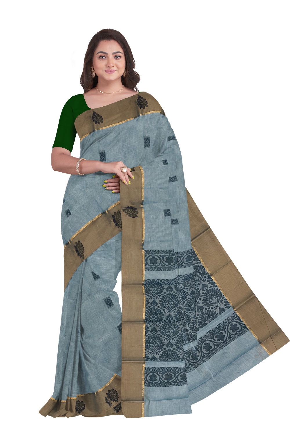 Southloom Cotton Blue Saree with Woven Works on Body and Brown Border