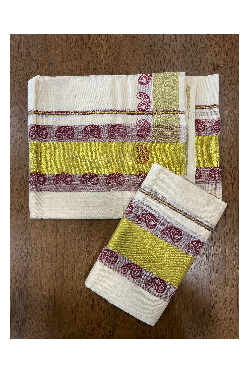 Cotton Single Set Mundu (Mundu Neriyathum) with Maroon Block Prints and Kasavu Border