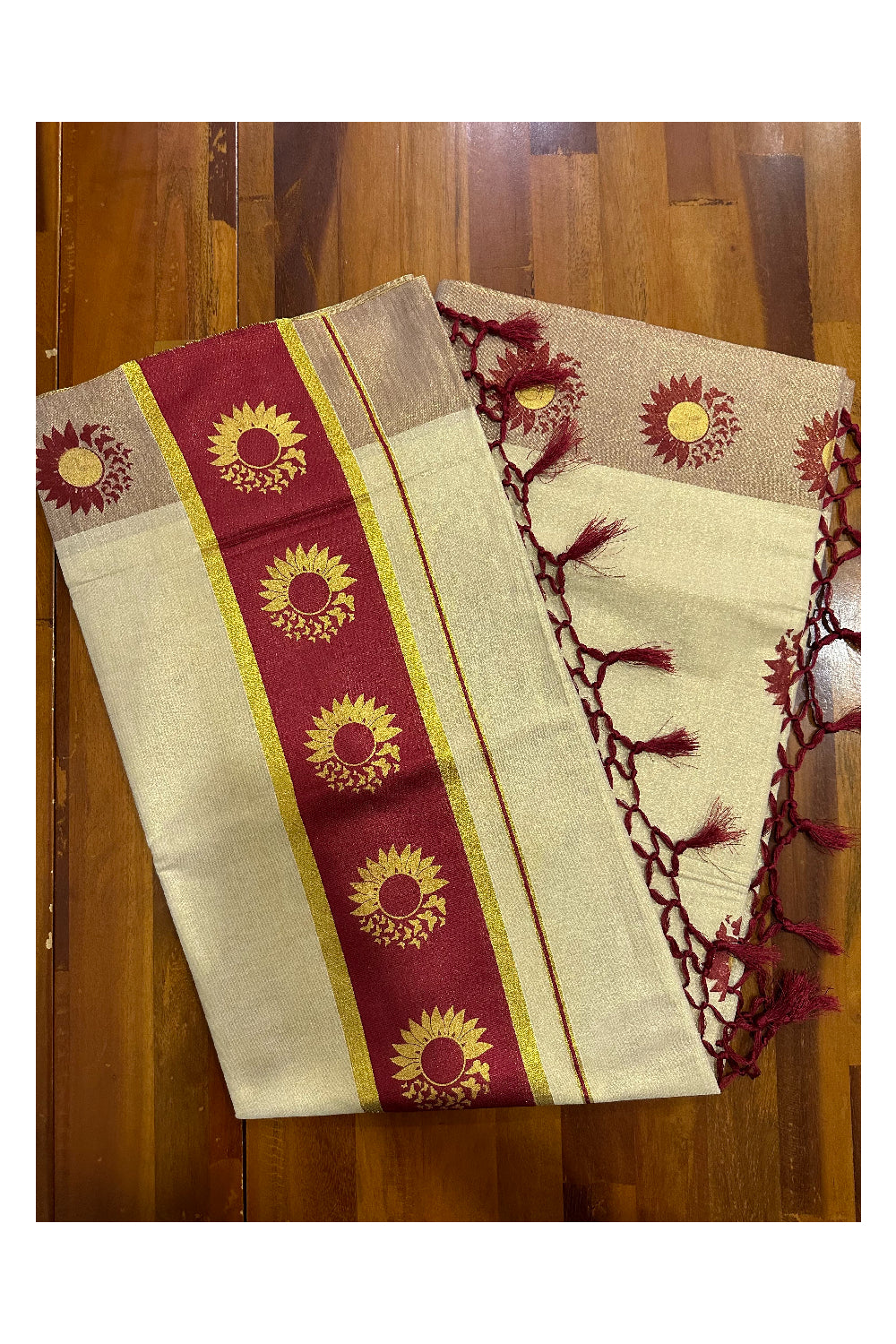 Kerala Tissue Kasavu Saree with Maroon and Golden Block Prints on Border (Onam Saree 2023)