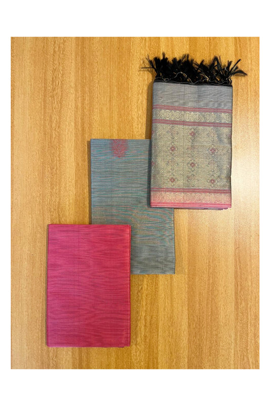 Southloom™ Original Handloom Cotton Pure Silk 3 Piece Grey and Pink Salwar Material with Woven Zari Butta Work