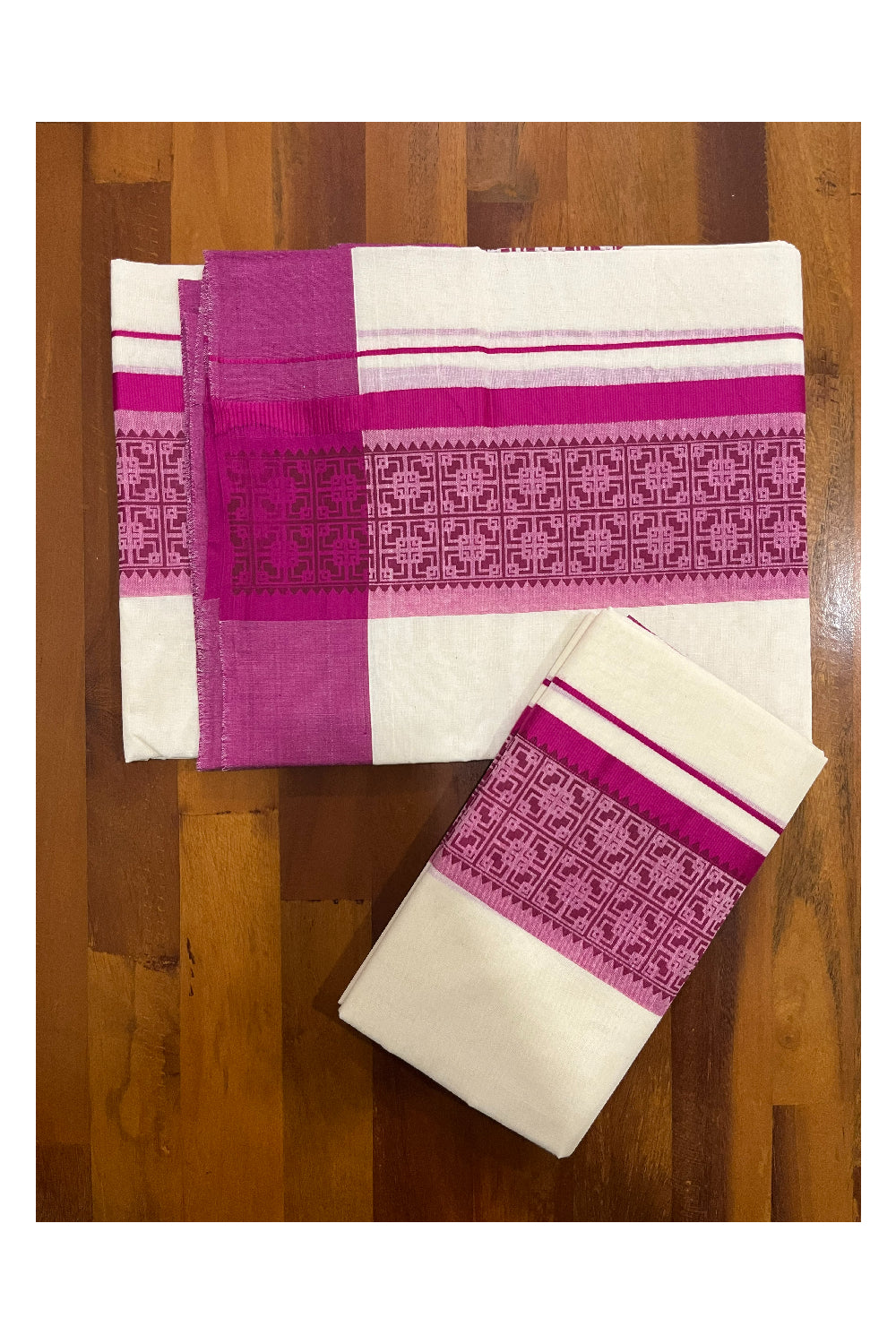 Southloom Pure Cotton Kerala Single Set Mundu with Magenta Block Prints (Onam Set Mundu 2023)