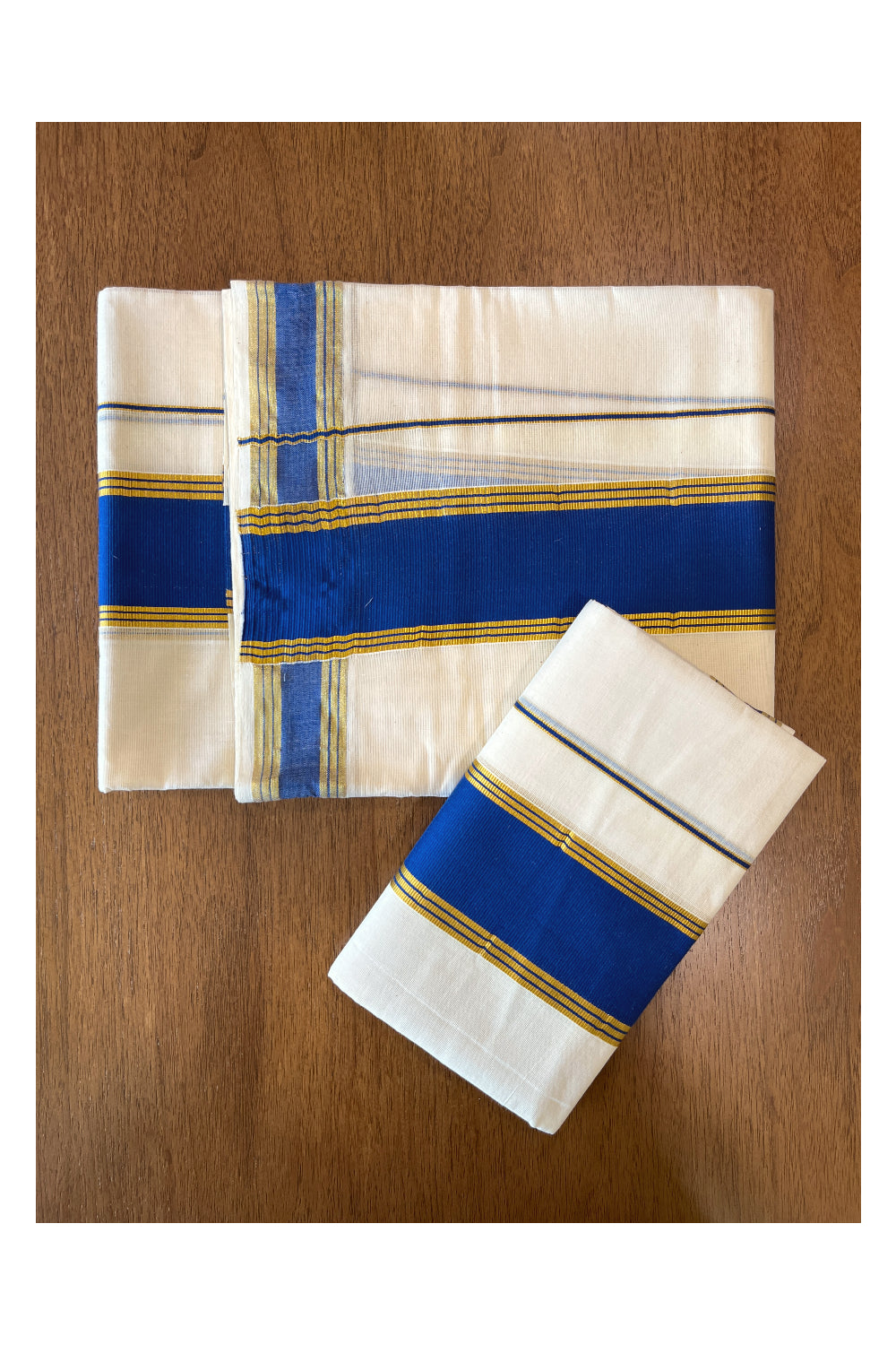 Cotton Mundum Neriyathum Double (Set Mundu) with Blue and Kasavu Border