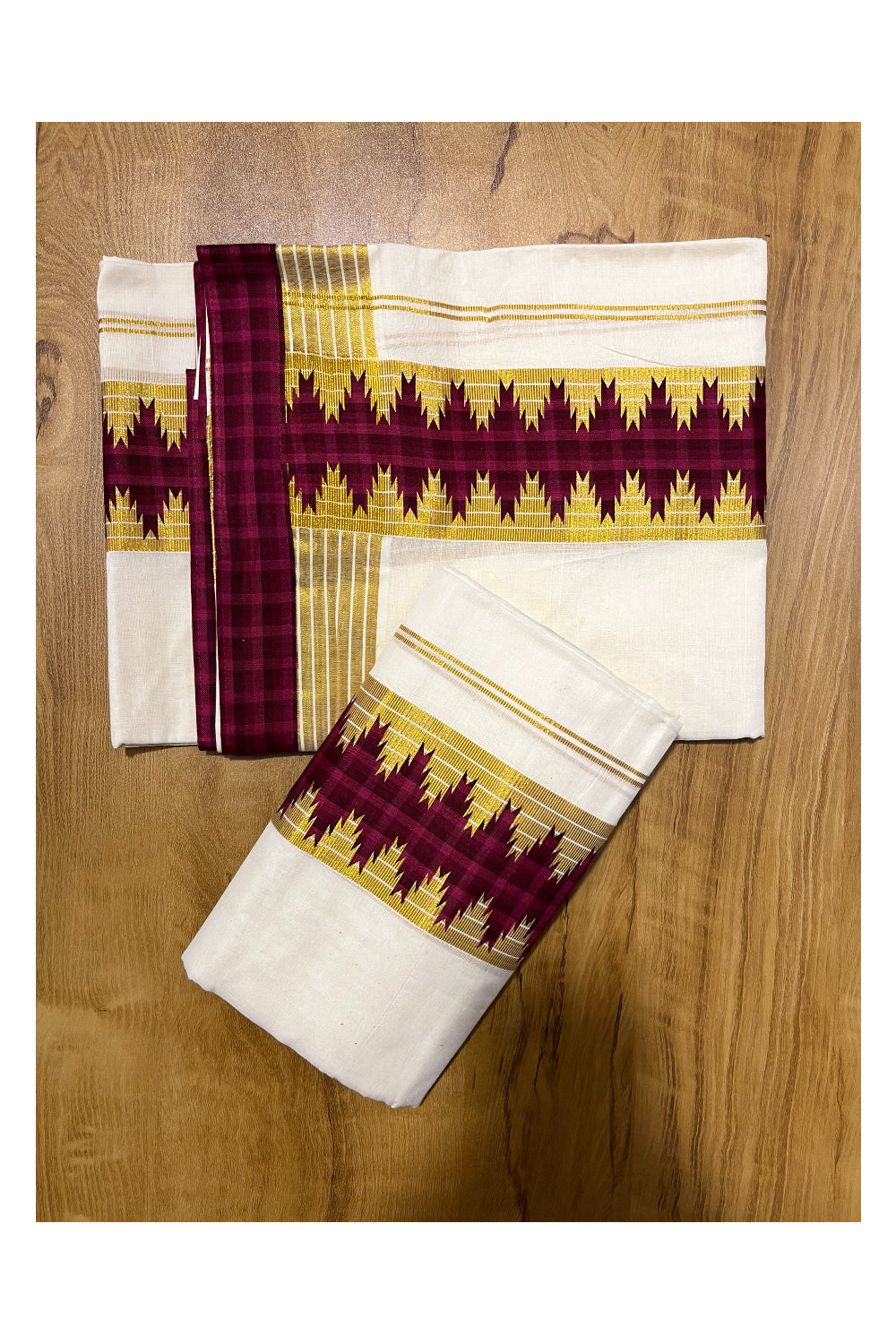 Kerala Cotton Single Set Mundu (Mundum Neriyathum) with Kasav Lines and Maroon Temple Applique Work Border 2.80Mtrs