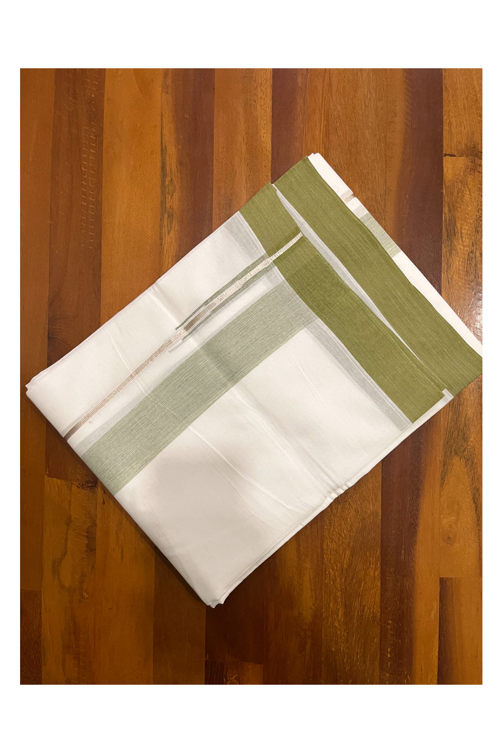 Pure White Cotton Double Mundu with Silver Kasavu and Olive Green Chutti Border (South Indian Kerala Dhoti)