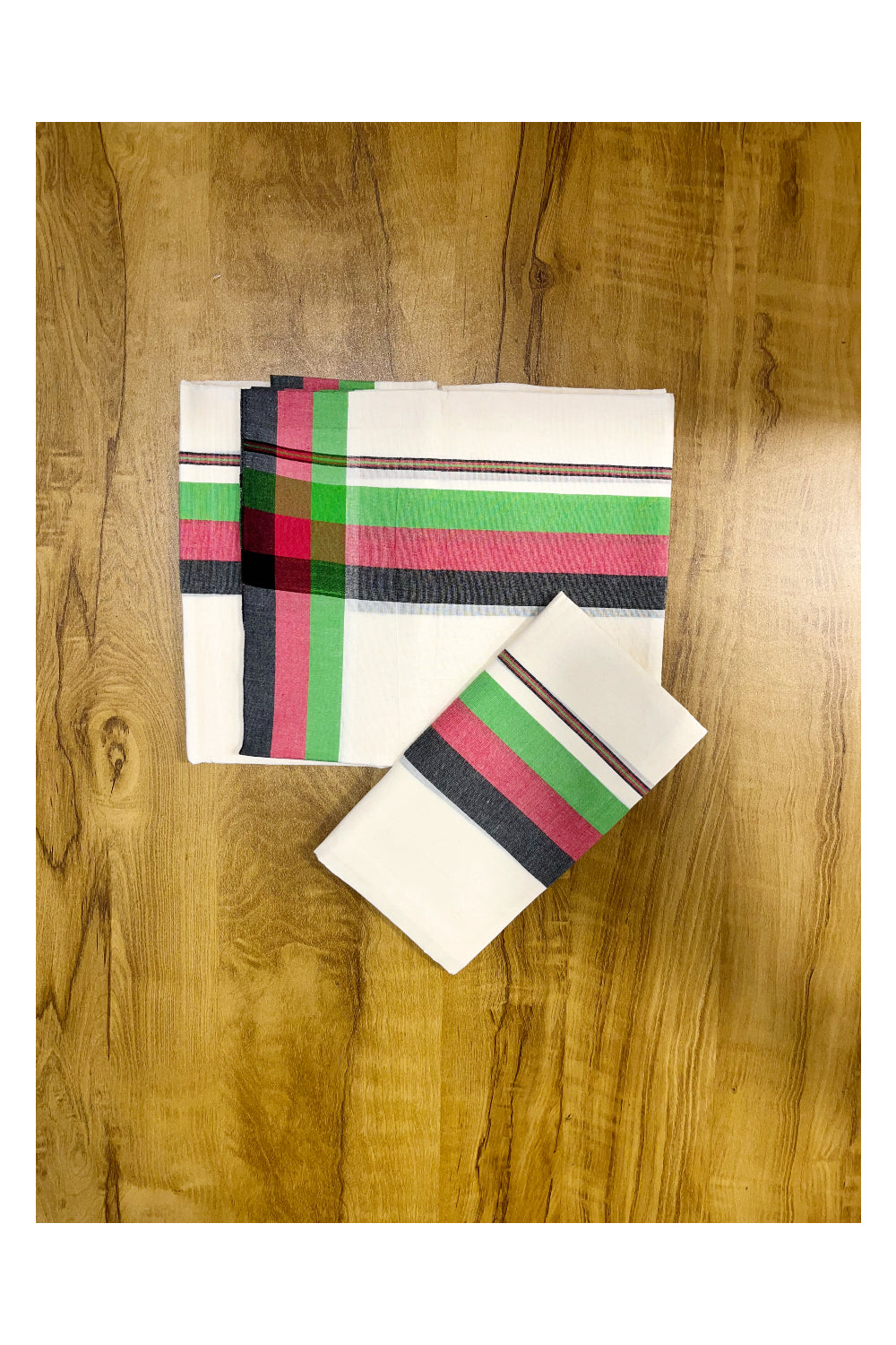 Pure Cotton Mundum Neriyathum Double (Set Mundu) with Green,Pink and Black Border