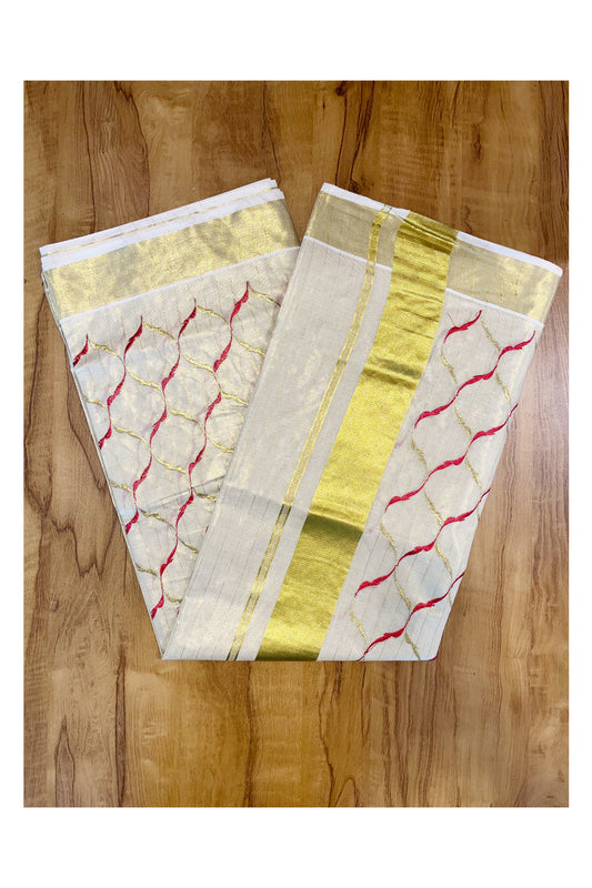 Southloom Kerala Tissue Kasavu Lines Saree with Red and Golden Floral Embroidery Designs