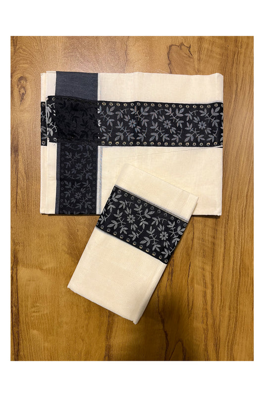 Kerala Cotton Single Set Mundu (Mundum Neriyathum) with Black Block print Border 2.80Mtrs