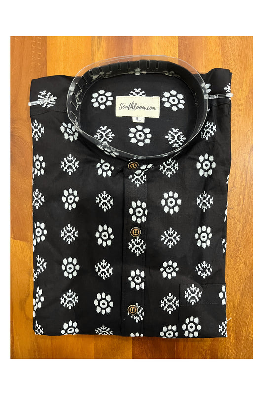 Southloom Jaipur Cotton Black Floral Hand Block Printed Mandarin Collar Shirt (Full Sleeves)