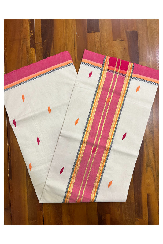 Southloom Premium Balaramapuram Unakkupaavu Handloom Cotton Butta Saree with Red Orange and Kasavu Border (Vishu 2024 Collection)
