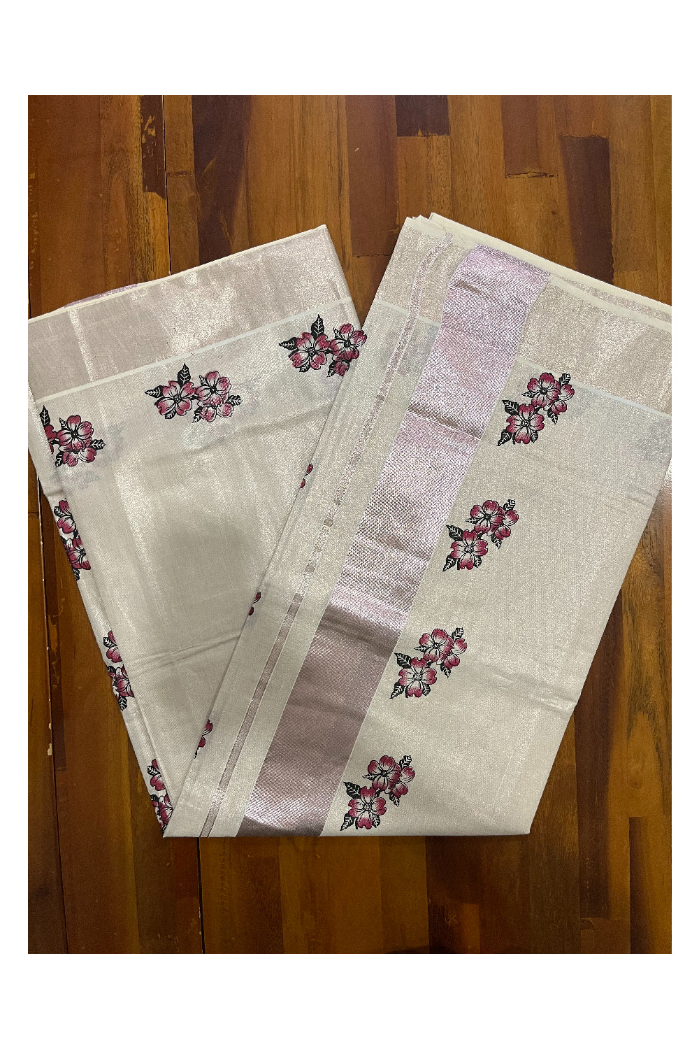 Kerala Rose Copper Tissue Kasavu Saree with Floral Block Prints on Border