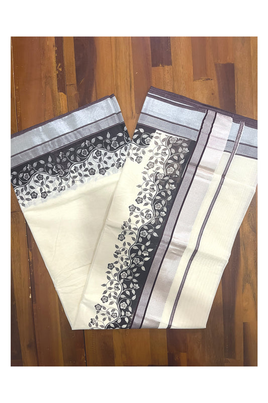 Kerala Cotton Saree with Brown Floral Block Prints and Silver Kasavu Border