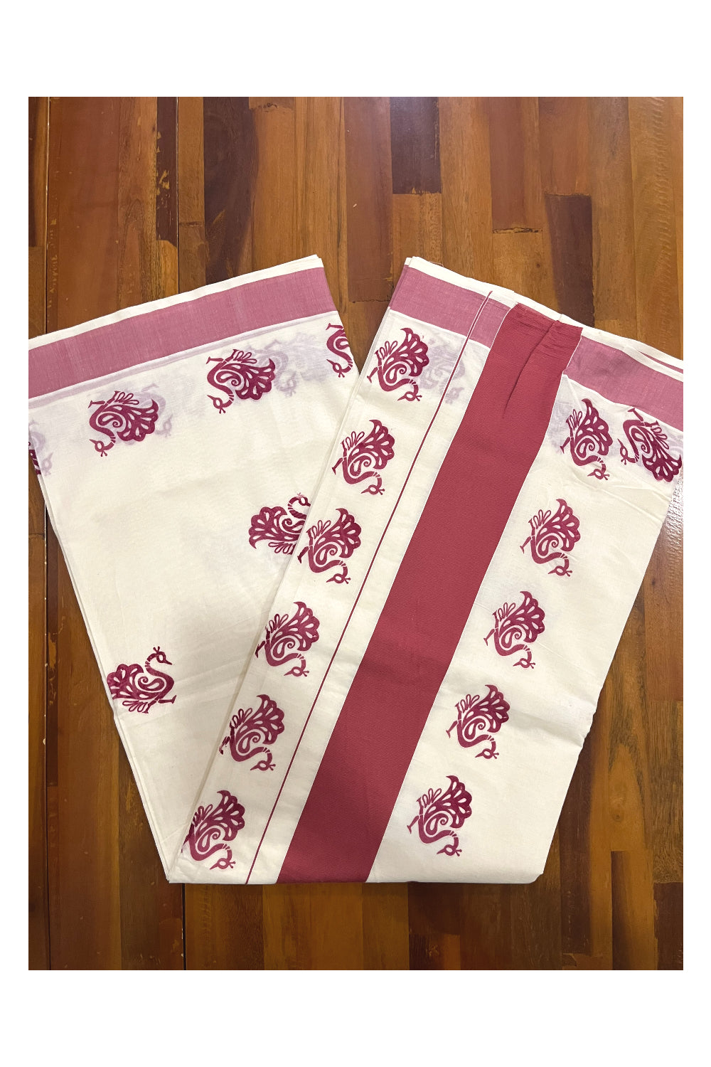 Pure Cotton Kerala Saree with Brick Red Peacock Block Printed Border (Onam Saree 2023)