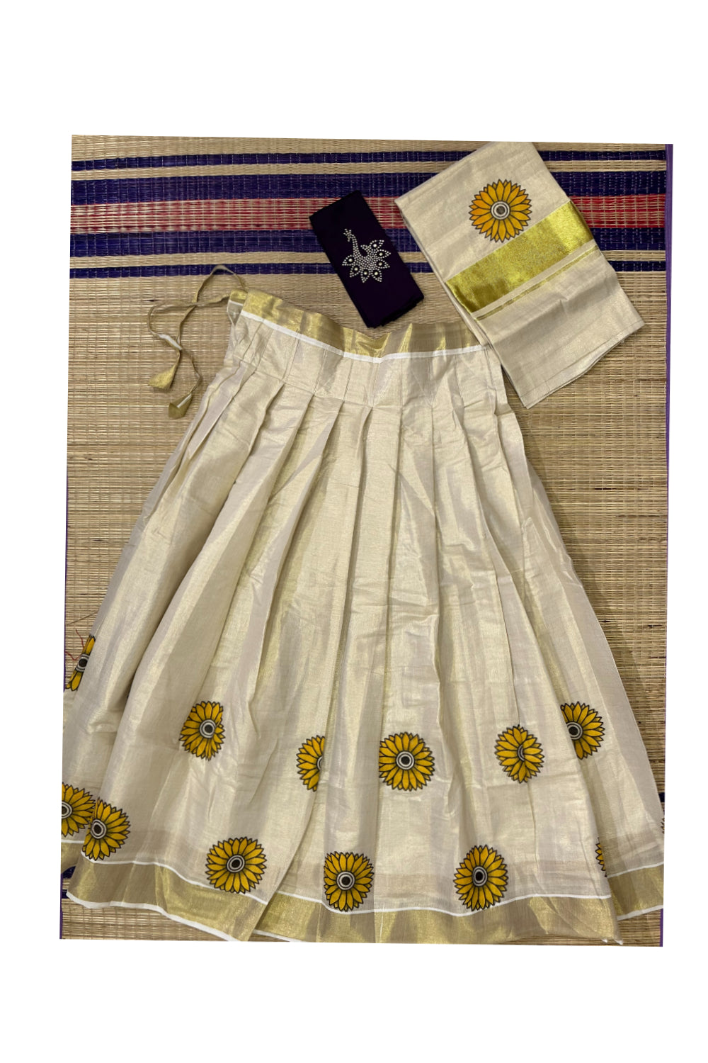 Semi Stitched Dhavani Set with Tissue Sunflower Printed Pavada and Dark Violet Bead Work Blouse Piece