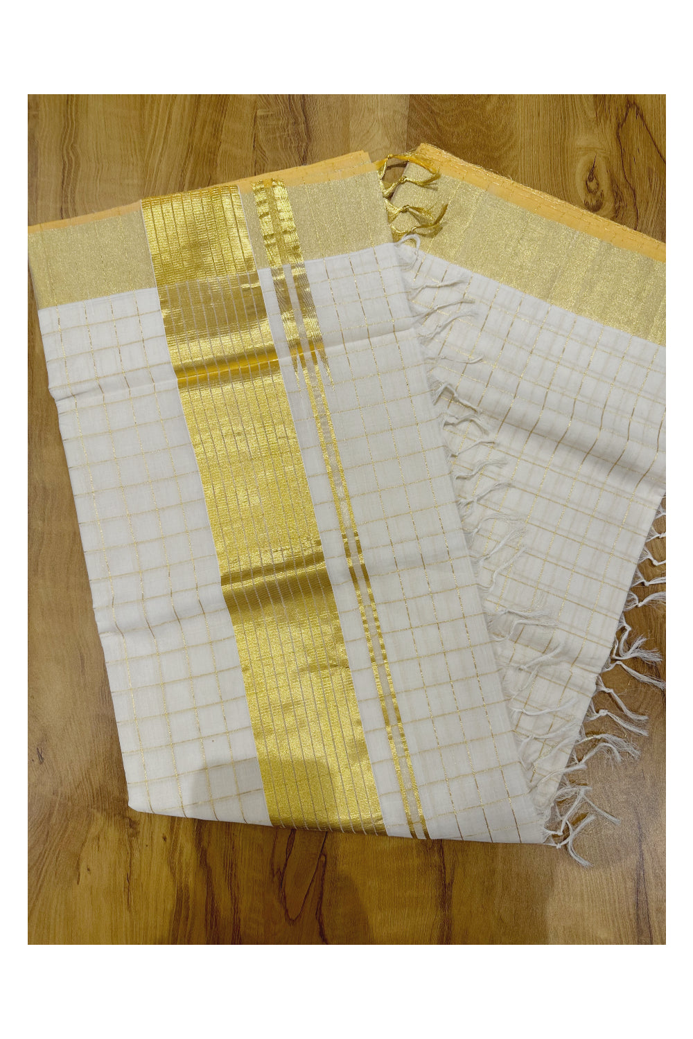 Southloom™ Handloom Kasavu Saree with Kasavu Checks Across Body (Onam Saree 2023)