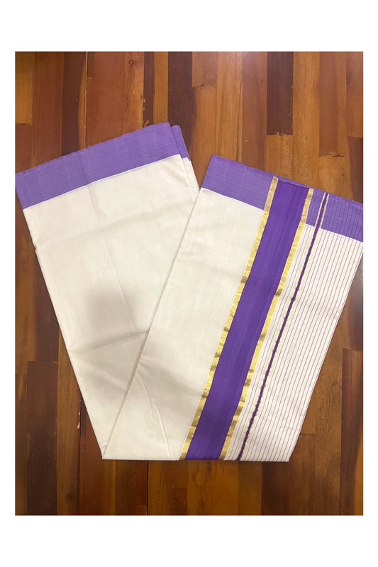 Southloom Premium Unakkupaavu Handloom Cotton Saree with Kasavu and Violet Lines Designs on Pallu
