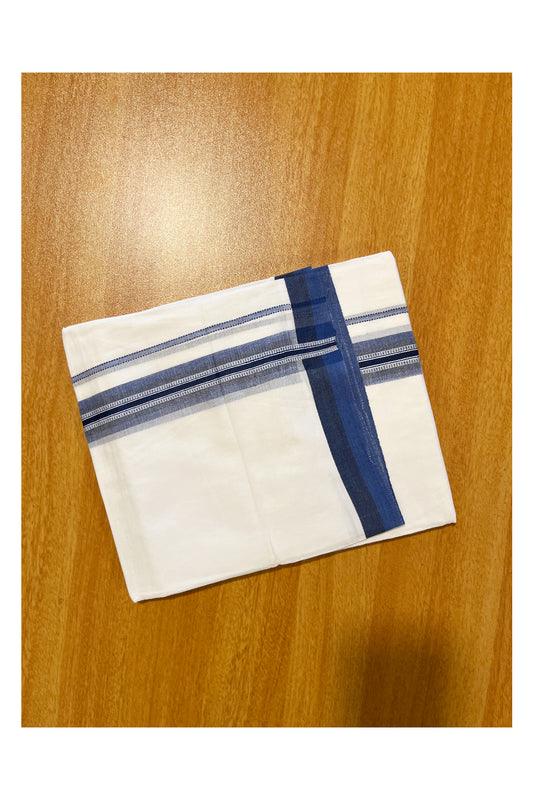 Pure White Cotton Double Mundu with Blue Border (South Indian Dhoti)