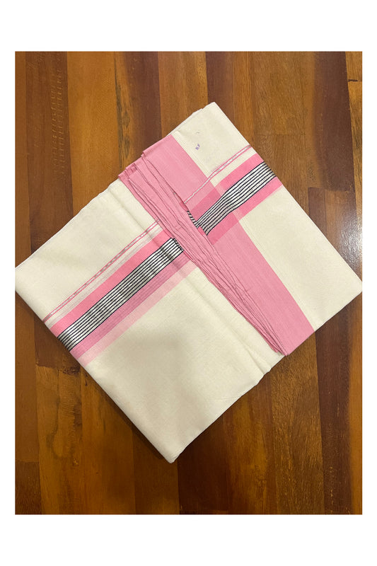 Southloom Premium Balaramapuram Unakkupaavu Handloom Mundu with Pink and Silver Kasavu Border (South Indian Kerala Dhoti)