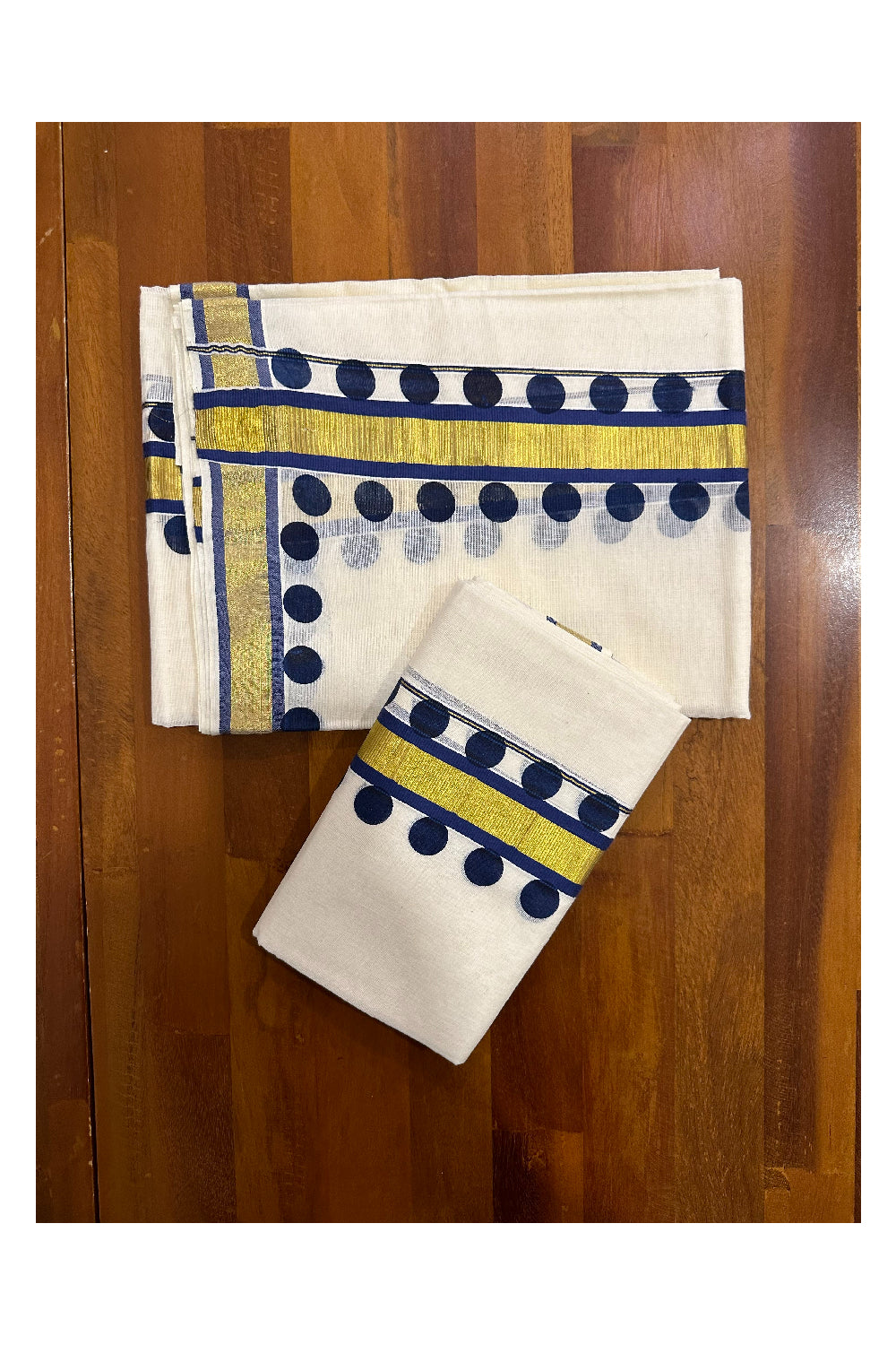 Kerala Cotton Kasavu Single Set Mundu (Mundum Neriyathum) with Dark Blue Block Prints on Border 2.80 Mtrs