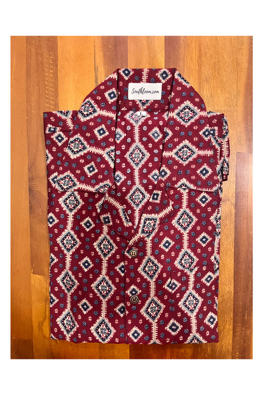 Southloom Jaipur Cotton Maroon Hand Block Printed Cuban Collar Shirt (Half Sleeves)