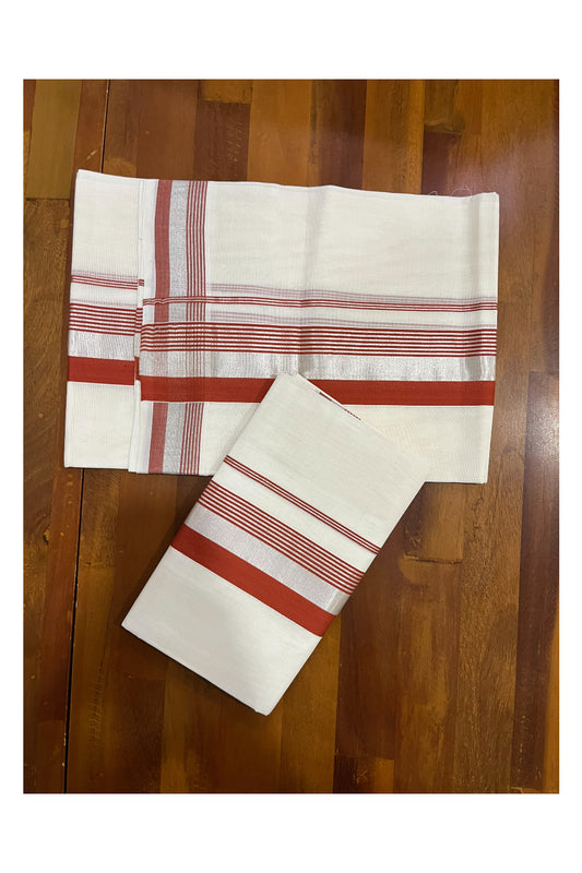 Pure Cotton Handloom Premium Kasavu Set Mundu (Mundum Neriyathum) with Orange and Silver Kasavu Border