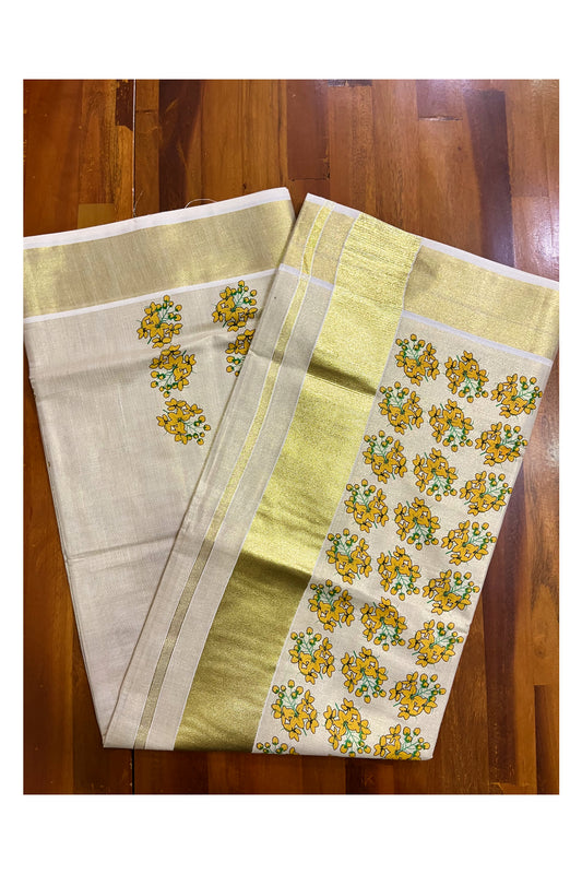 Kerala Tissue Kasavu Saree with Konna Poovu Floral Prints on Body (Vishu 2024 Collection)