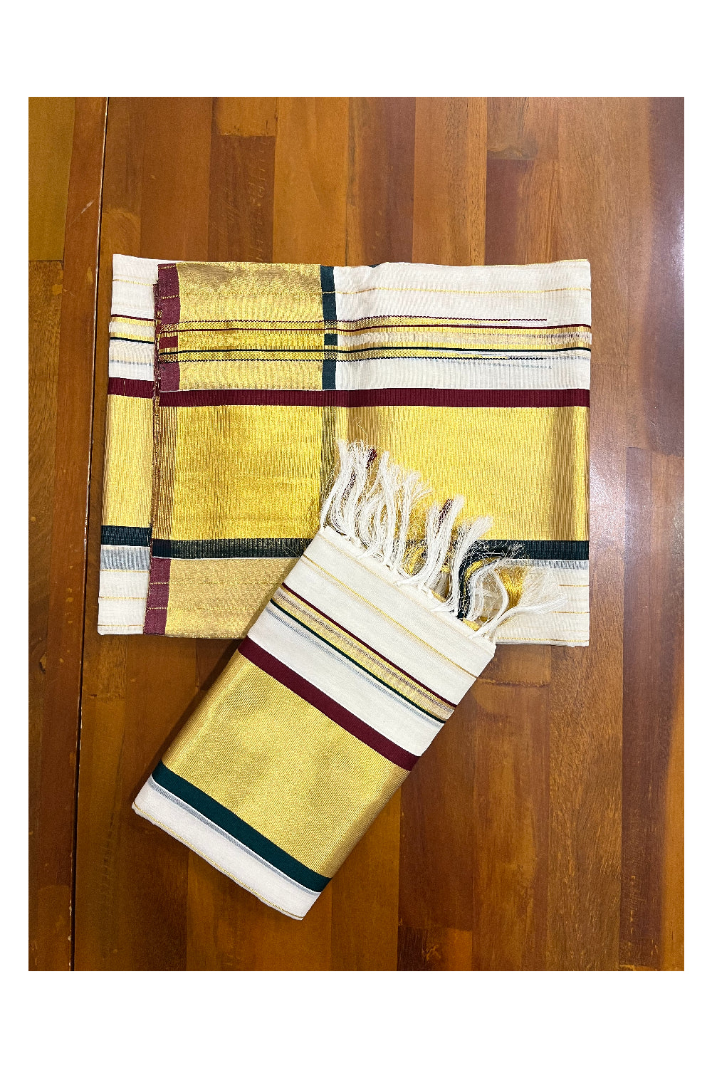 Southloom Handloom Premium Single Set Mundu (Mundum Neriyathum) with Kasavu Lines Across Body with Maroon and Green Kasavu Border 2.80 Mtrs