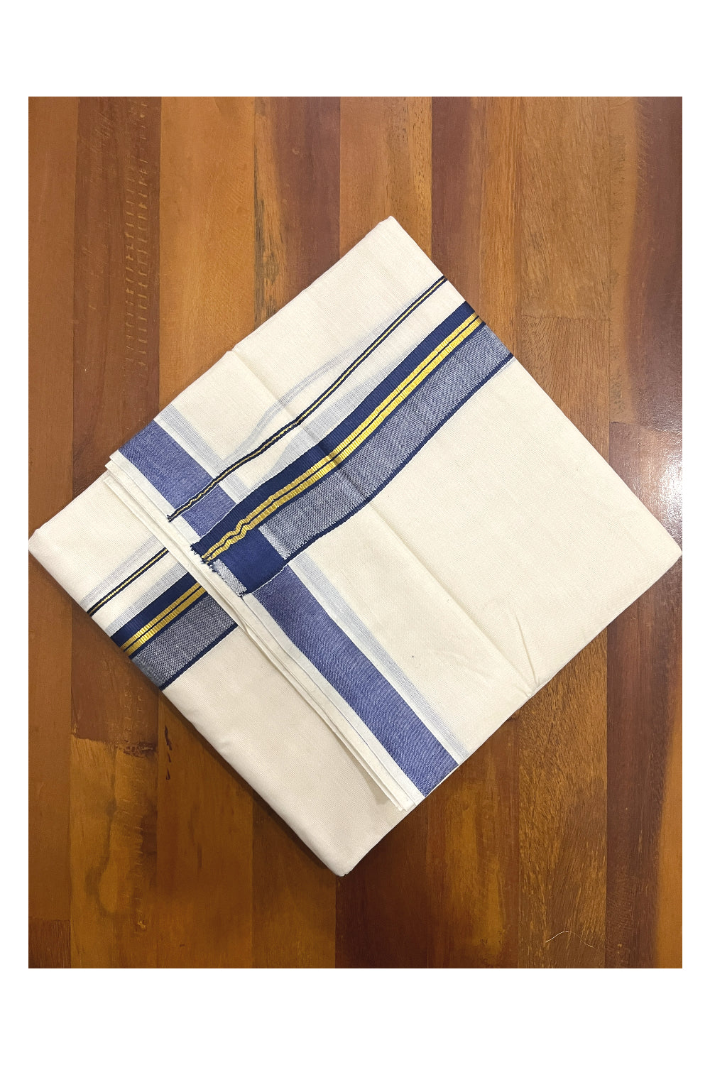 Pure Cotton Kerala Double Mundu with Kasavu and Blue Kara (South Indian Dhoti)