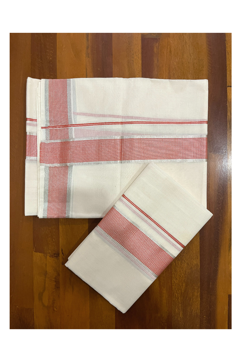 Kerala Cotton Single Set Mundu (Mundum Neriyathum) with Silver Kasavu and Red Border 2.80 Mtrs