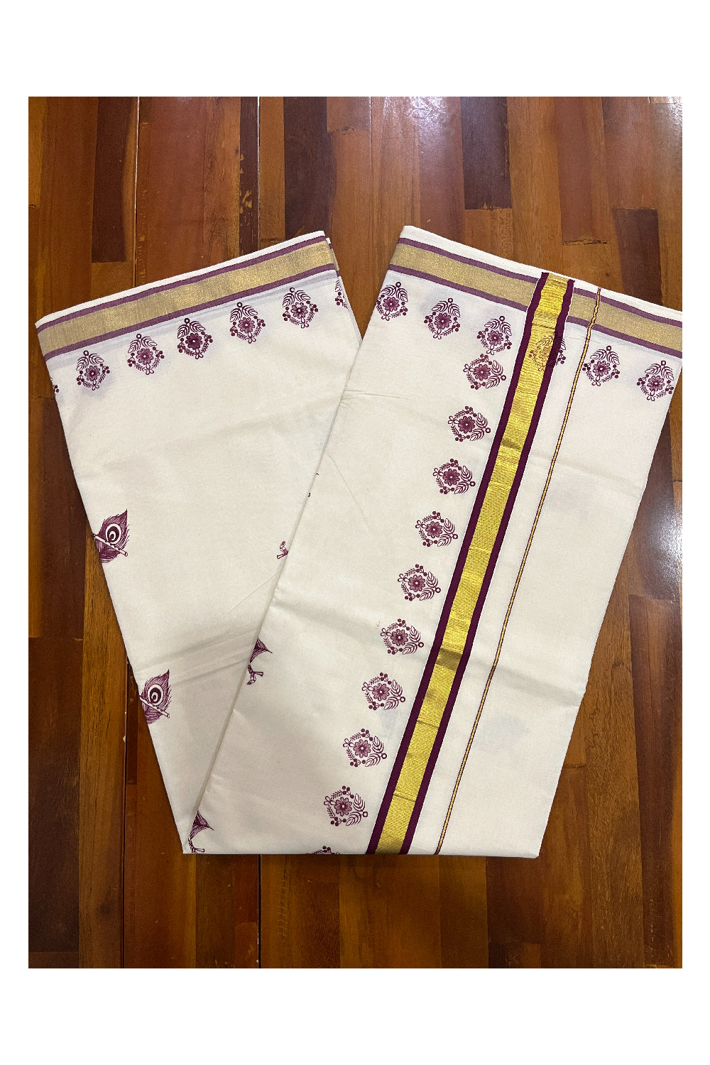 Pure Cotton Kerala Kasavu Saree with Purple Feather Block Printed Design