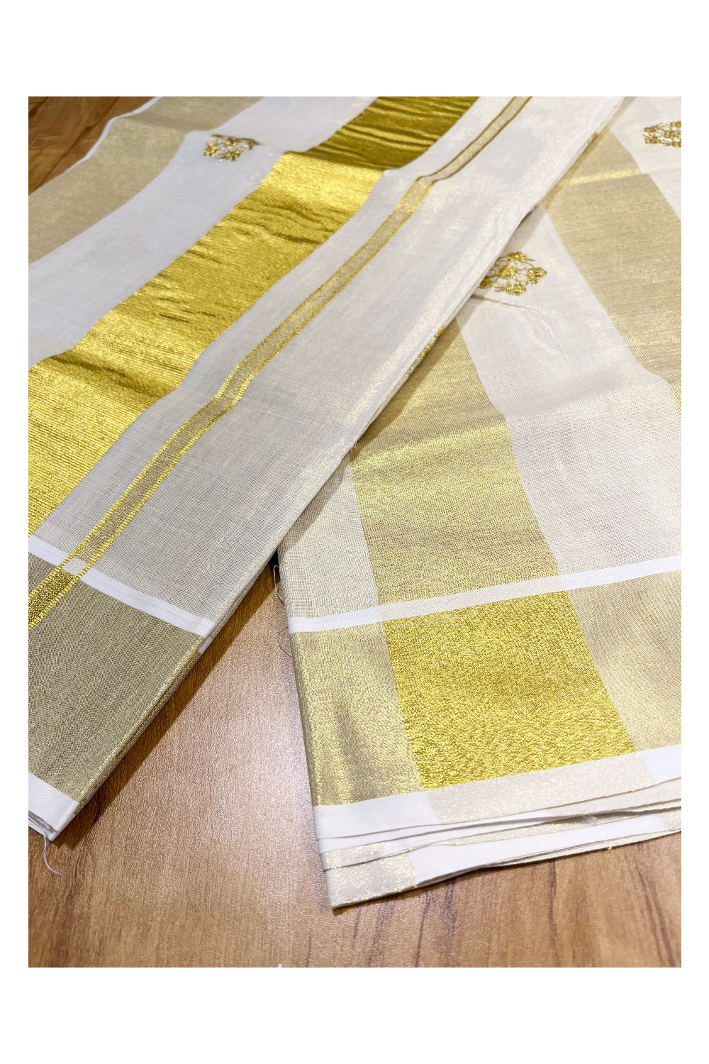 Kerala Tissue Kasavu Stripes Saree with Golden Floral Embroidery Designs on Body and Pallu