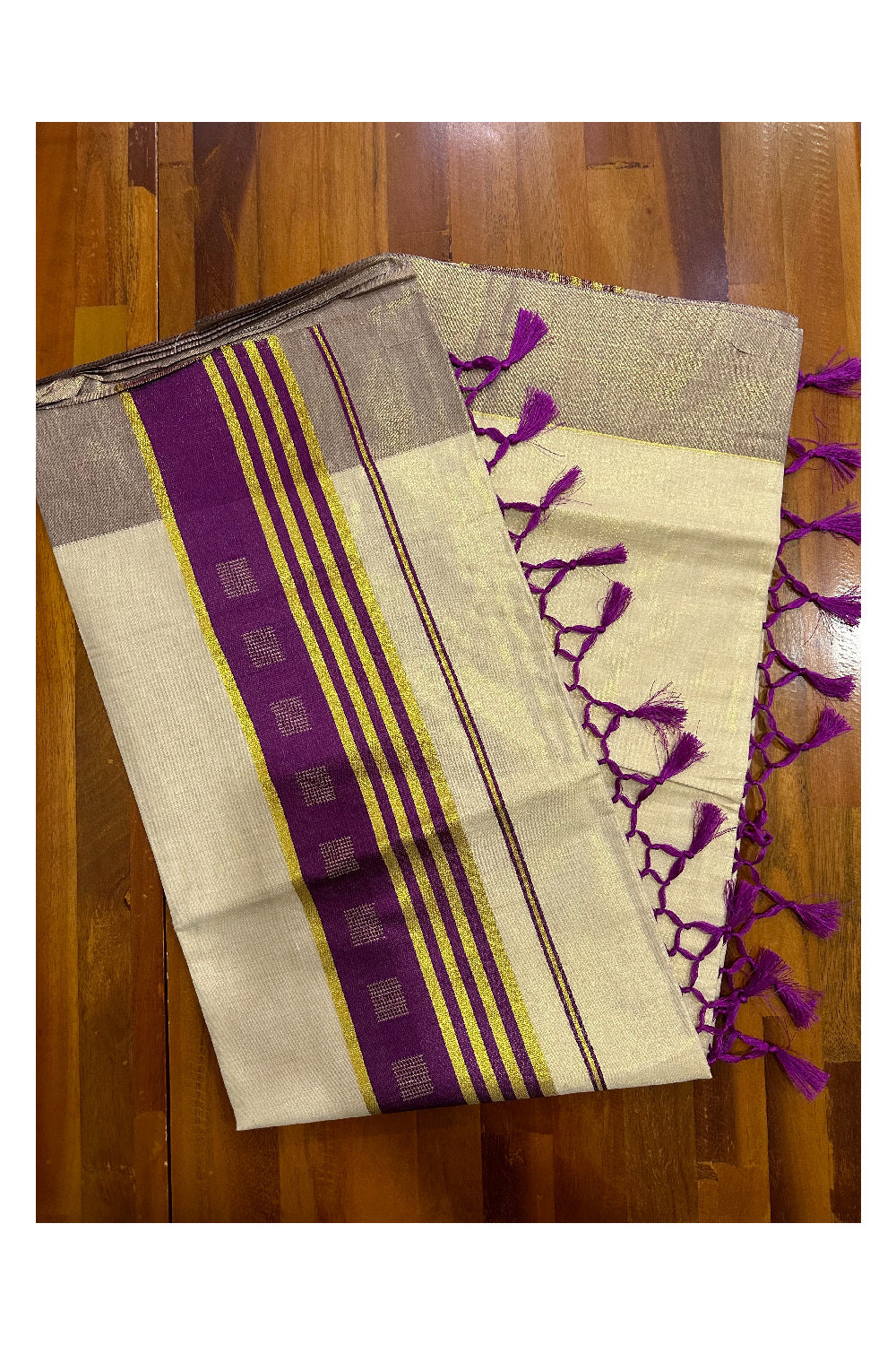 Kerala Tissue Saree with Kasavu Magenta Border and Tassels Works on Pallu (Onam Saree 2023)