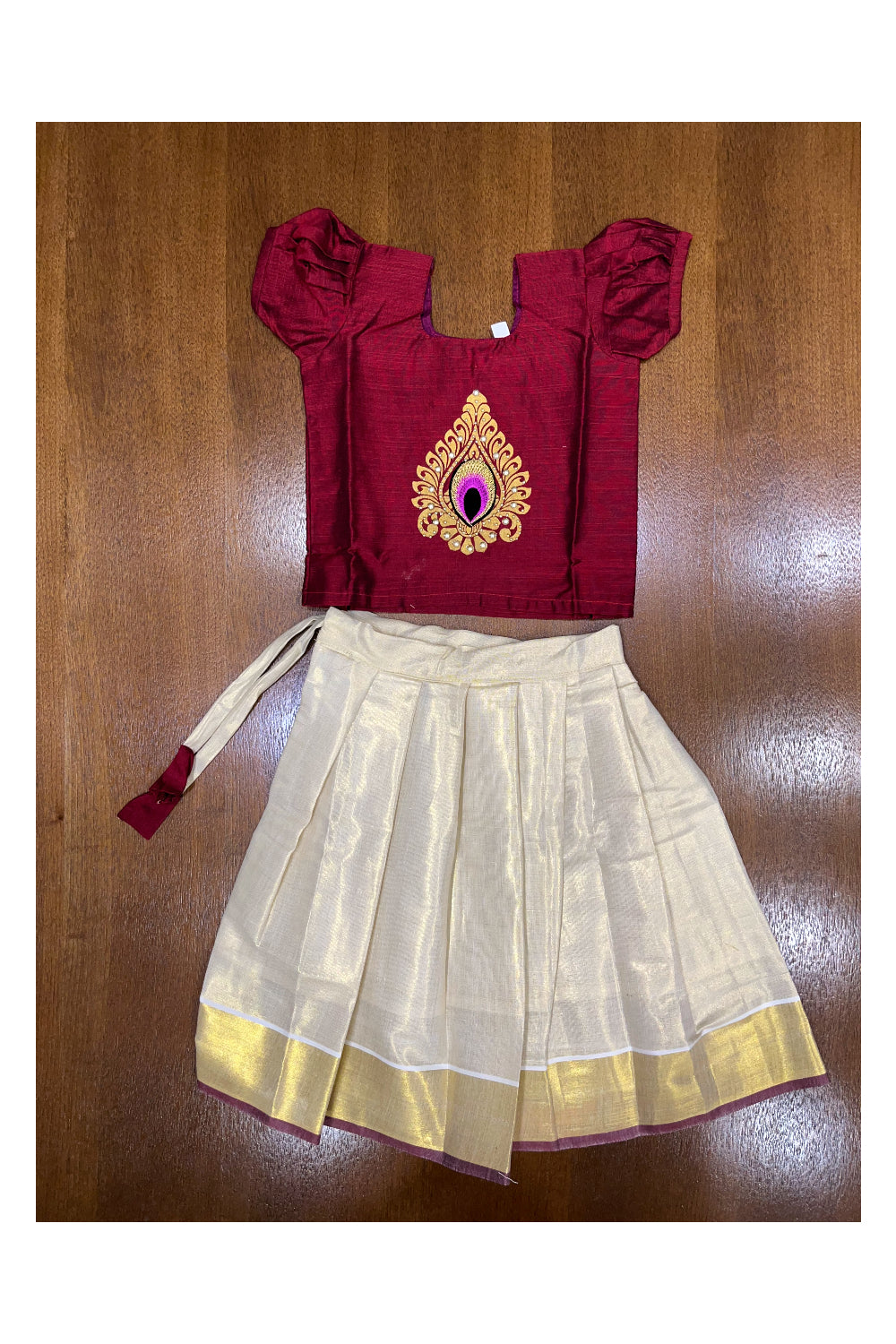 Southloom Kerala Pavada Blouse with Maroon Bead Work Design (Age - 2 Year)