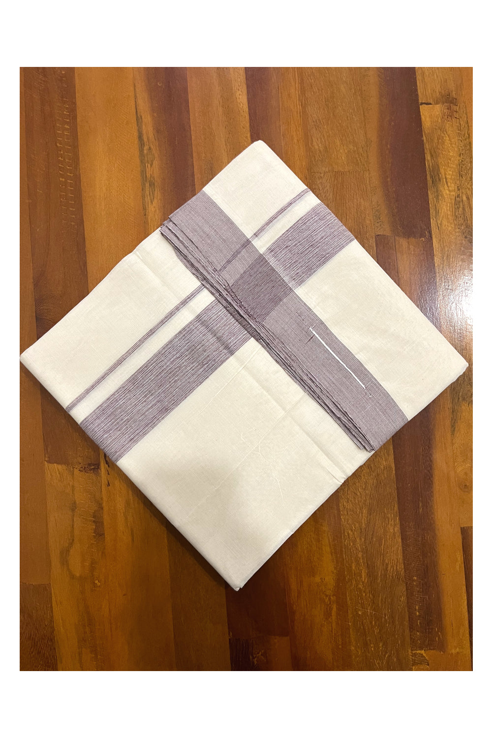 Pure Cotton Off White 100x100 Double Mundu with Purple Border (South Indian Kerala Dhoti)