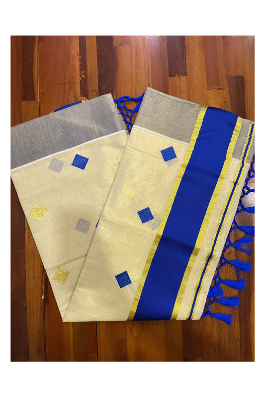 Kerala Tissue Kasavu Saree with Blue Woven Butta Designs and Tassels Works